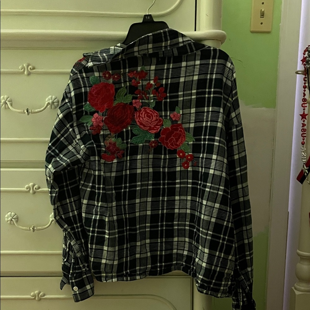 Plaid Shirt with Red Floral Embroidery